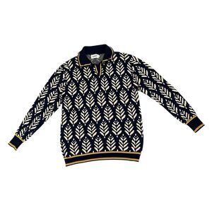 Oxknit Store Sweater Mens Medium Knit Polo Shirt Blue Geometric Retro 60s Style